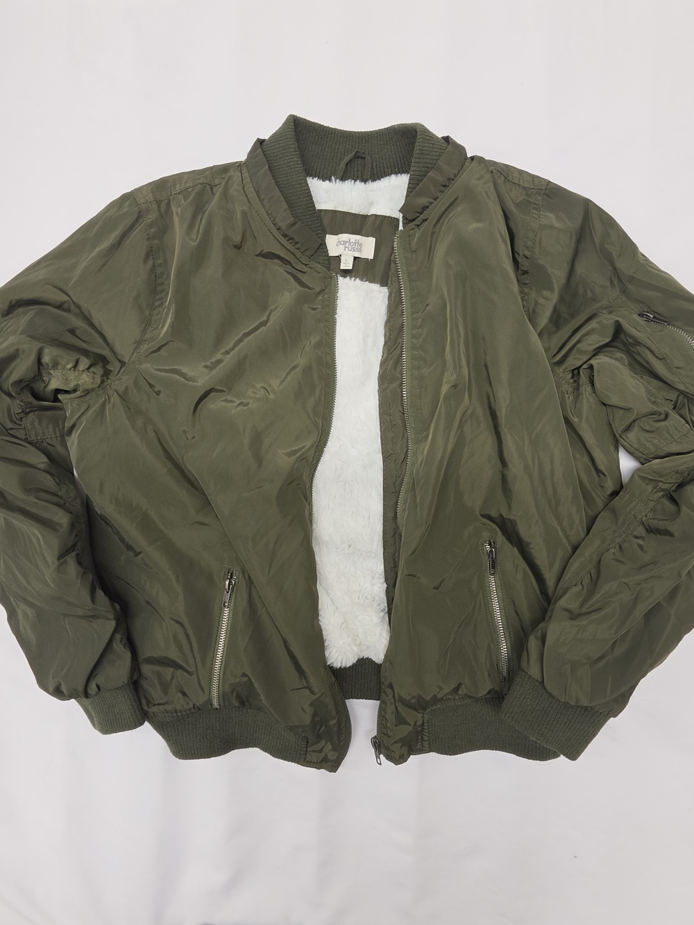 Charlotte Russe Olive Green Bomber Jacket with White Sherpa Lining